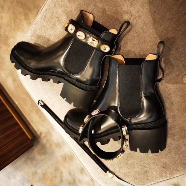 

short boots bee cowhide belt metal women shoes classic thick heels leather designer shoe high heeled fashion diamond lady boot large size 35, Black