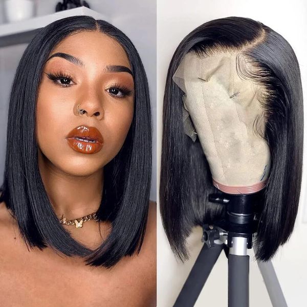 

short bone straight bob wig lace front human hair wigs for women hd transparent lace wig highlight wig human hair, Black;brown
