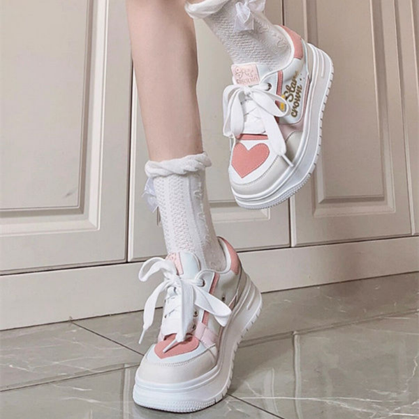 

cute love heart patch platform shoes for women mixed color summer new fashion sneakers all-match kawaii breathable shoes, Black