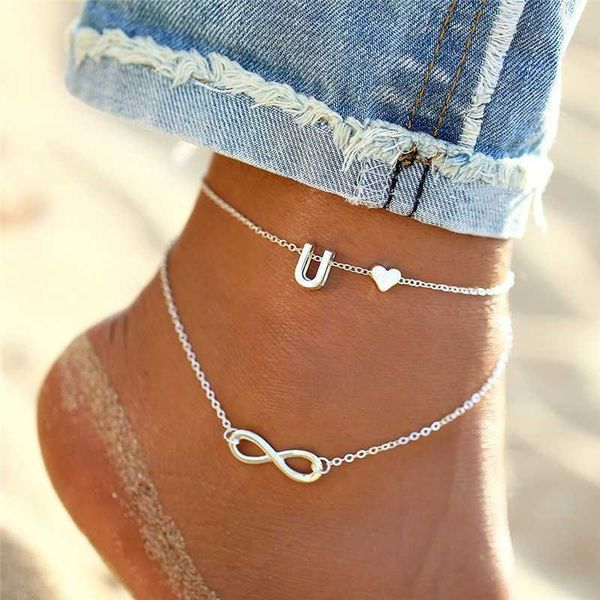

anklets letapi summer heart alphabet leg bracelets for women foot jewelry silver color feet chain friendship gifts letter anklet 230607, Red;blue