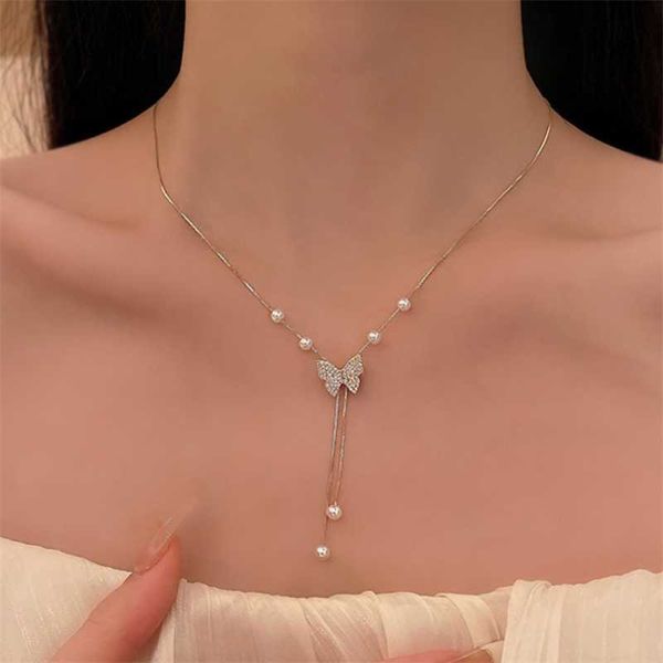 

pendant necklaces new shiny zirconia butterfly necklace for women delicate pearl tassel collarbone chain wedding party gift jewelry 230613, Silver