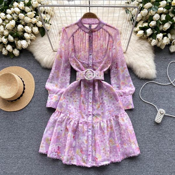 

casual dresses runway floral print ruffles midi dress women stand single breasted long lantern sleeve lace trims belt vintage party vestidos, Black;gray