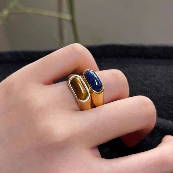 

vintage rings for women stainless steel ring inlay natural stone tiger eye stone jade lapis lazuli jewelry gift for ladies girlfreinds mom y, Golden;silver