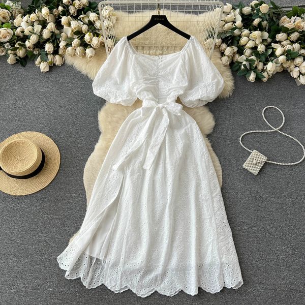 

summer new split date square neck first love fairy dress french sweet temperament tea break dress, Black;gray