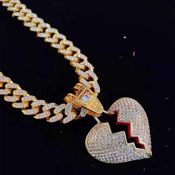 

pendant necklaces men hip hop chain iced out bling heart broke necklace13mm miami cuban hiphop fashion charm jewelry 230613, Silver