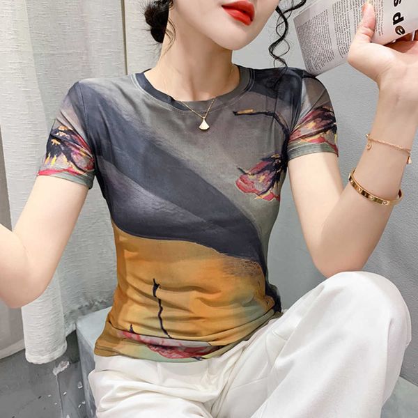 

summer new positioning printed mesh women's short sleeve fashionable slim fit versatile t-shirt small shirt trend blouses women, White