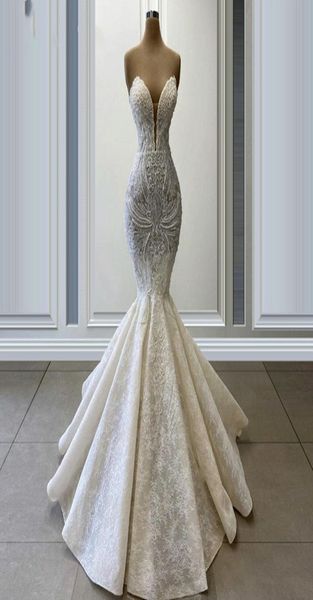 

luxury mermaid wedding dresses crystals bridal gowns pearls beaded applique lace sweetheart backless sweep train robe de marriage4079918, White