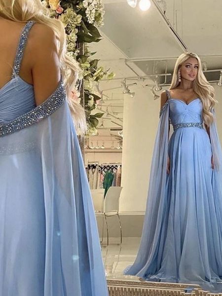 

sky blue long evening cape sleeves chiffon bohemian prom dresses spaghetti straps 2023 backless sweetheart neck a line party gowns novo em v, Black