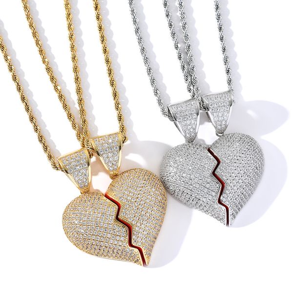 

hip hop couple necklace two halves magnetic heartbreak combination pendant diamond necklace chain pairs micro-inset zircon broken heart pend, Silver