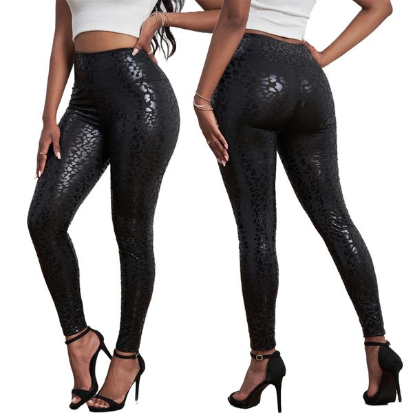

fashion new women snake leopard print textured push up shiny leggings, Black