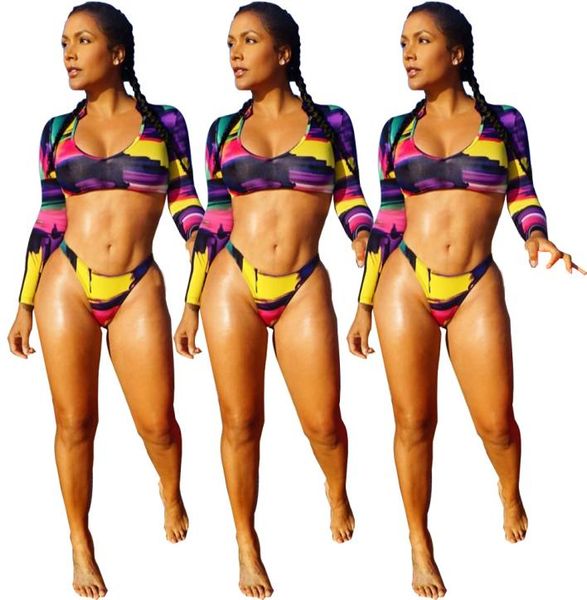 

2019 new women summer tie dye colorful print long sleeve crop pant suit two piece set bodycon beach swimsuit swim wear7823496