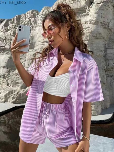 

new 2023 spring/summer casual style striped piece short sleeve shirt set1, White