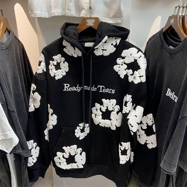

foam grey black hoodie plus fleece hoodies men and women embroidery flower sweatshirts pullover men's sweatshirt loose hoodie couple sw, Black;brown