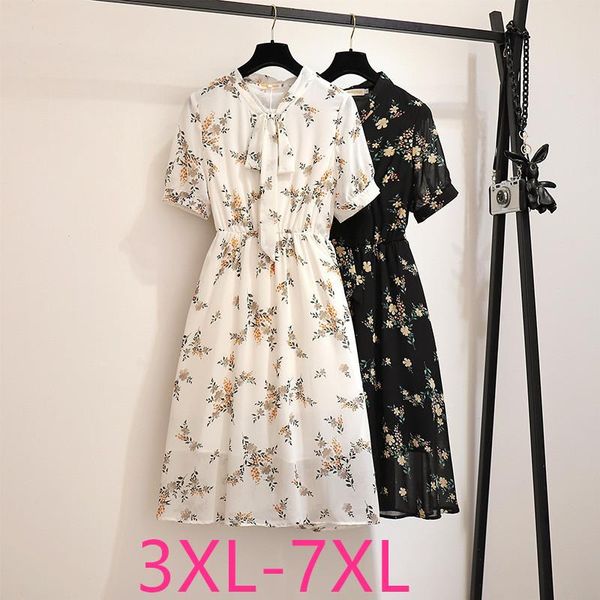 

dresses new summer plus size dress for women short sleeve loose casual floral print flower black white chiffon dress 3xl 4xl 5xl 6xl 7xl