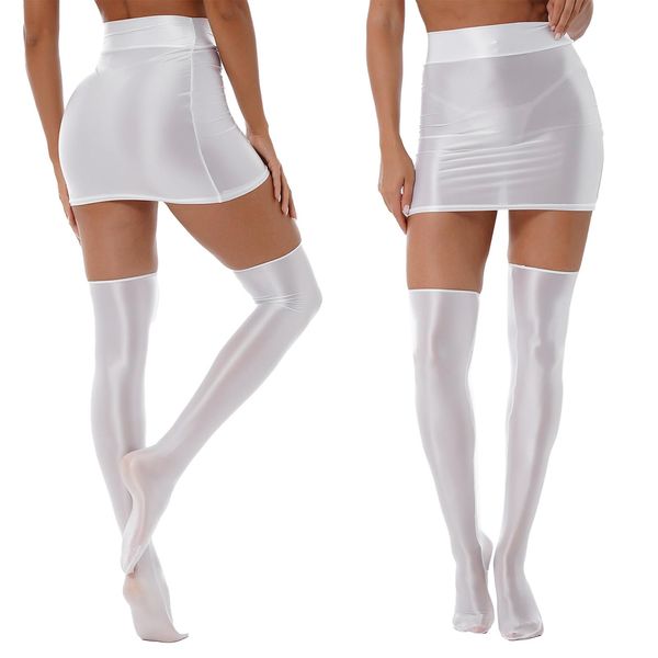 

dresses womens female high waist mini skirt with stockings glossy solid color lingerie suit rave party clubwear pole dance rave outfit, White;black