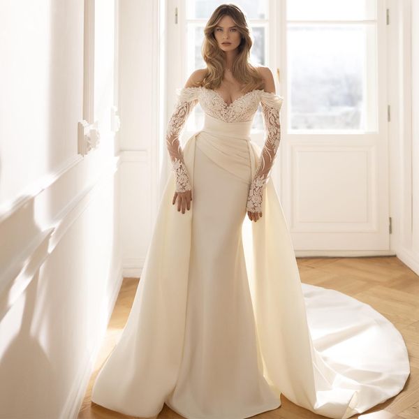 

vintage long sleeves wedding bridal dresses off shoulder beading bride gown with detachable traincustom made rode de morrie, White