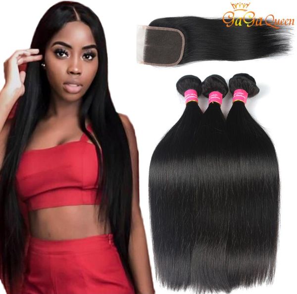 

9a straight hair bundles with 4x4 lace closure unprocessed virgin brazilian human hair extensions gagaqueen6035948, Black