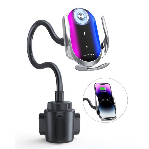 

Wireless car charger cooling fan cup holder phone holder smart sensor clamping car charger holder for iPhone Samsung Galaxy, Black
