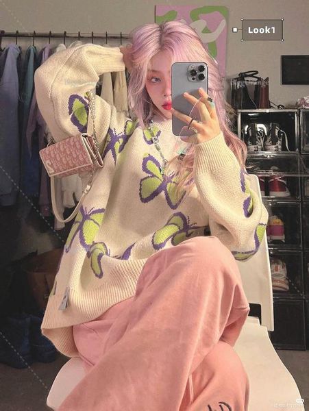 

sweaters 2022 autumn and winter new butterfly jacquard sweater women's loose haruku style pullover outer wear knitted sweater coat, White;black