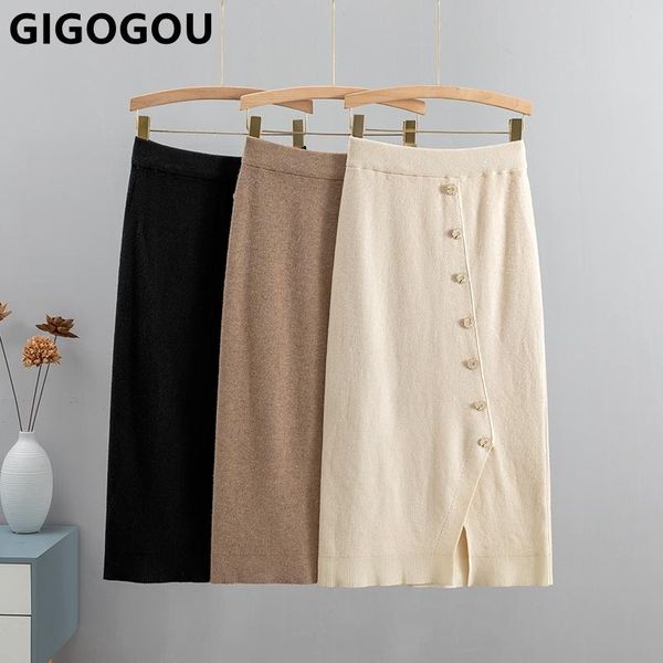 

dresses gigogou autumn winter knitted women skirt elastic high waist pencil skirts with button ladies warm bodycon sweater skirt, White;black