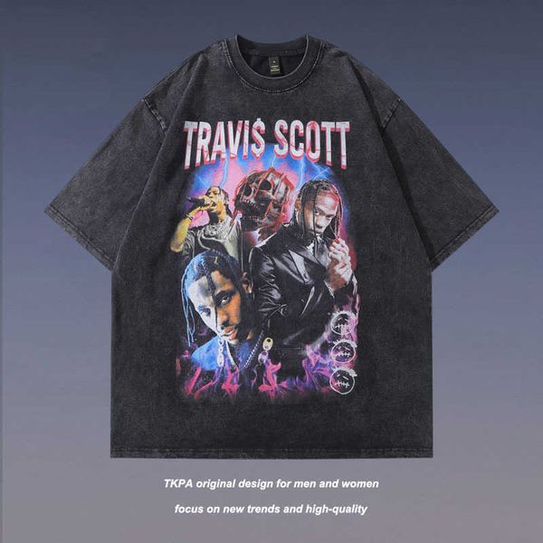 

tkpa hip-hop rap portrait wash short sleeve t-shirt men's vintage high street loose half sleeve, White;black