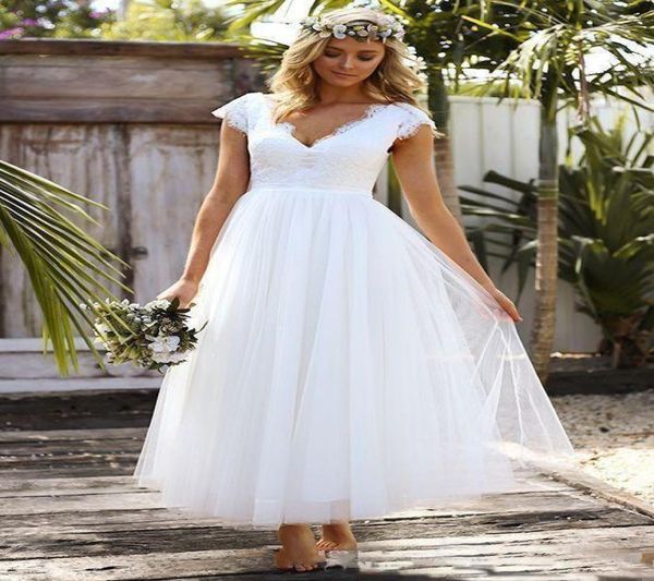 

vintage lace short wedding dresses tulle modest cap sleeve v neck bohemian beach garden bridal gowns 2019 anke length vestido de n9749858, White