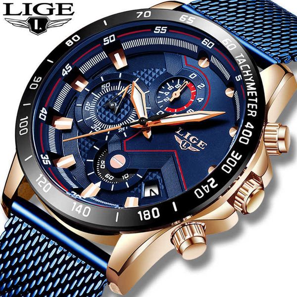 

lige men fashion blue watch for brand luxury quartz mens watches mesh waterproof sport chronograph relogio masculino+box 230605, Slivery;black