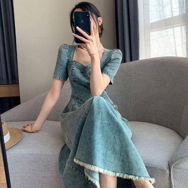 

casual dresses women's blue denim dress 2023 summer, french retro, skinny versatile, square lapel, trendy, mid-calf length, short sleev, Black;gray