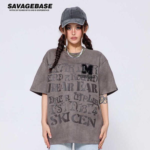 

vintage gothic letter deerskin short sleeve t-shirt men's and women's american hiphop loose half sleeve t-shirt, White;black
