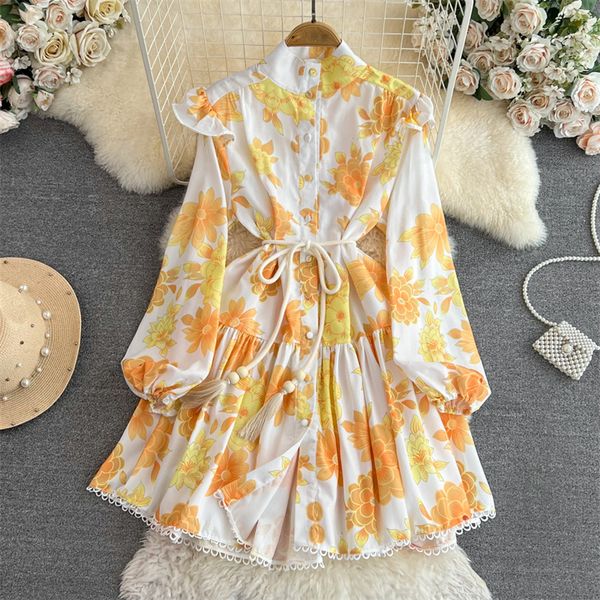 

casual dresses fashion flower printed short dress with sashes stand collar long sleeve single-breasted korean high waist ladies dresses vest, Black;gray