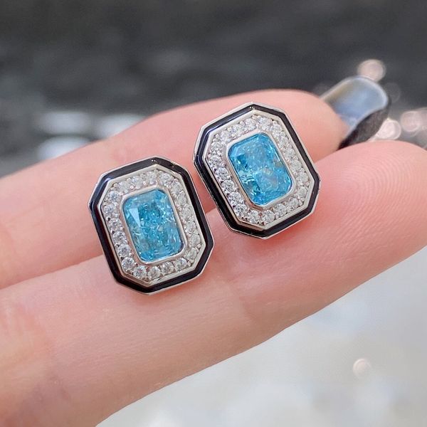 

well sale original single high-end quality s925 sterling silver blue diamond square full of drill stud earrings for women wedding jewelry gi, Golden;silver