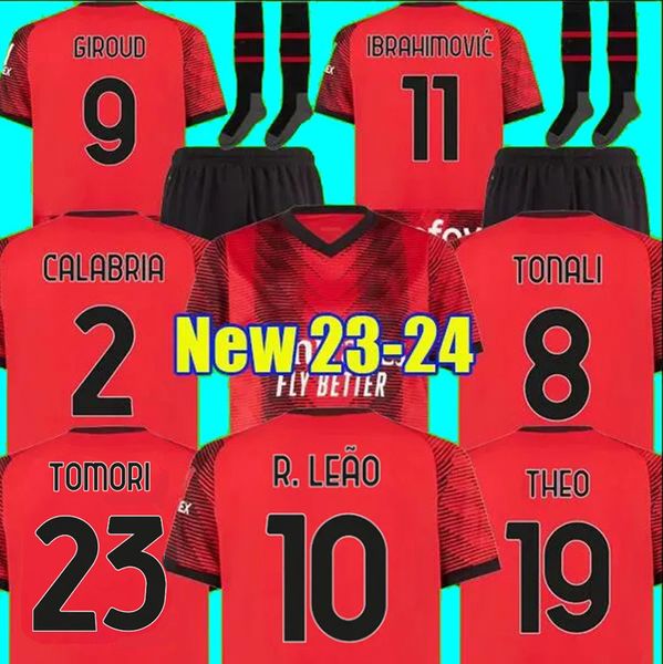 

r. leao soccer jerseys giroud ibrahimovic 23 24 bennacer kessie romagnoli calhanoglu tonali rebic ac milans football shirt maillot men kids, Black;yellow