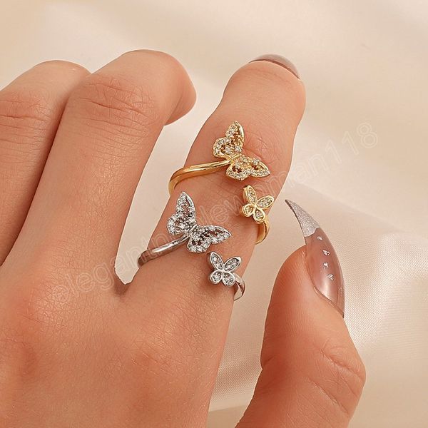 

fashion new rhinestone butterfly opening adjustable ring for women korean full zircon finger rings party wedding jewelry gifts, Silver