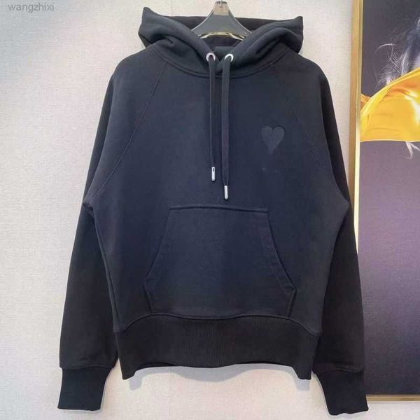 

amis paris same color embroidery love loose hooded pullover sweater men's and women's cotton asian size de02, Black