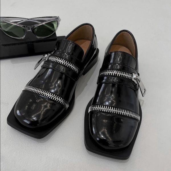 

silver zipper driving loafers thick heel square toe gentlemen black casual shoes