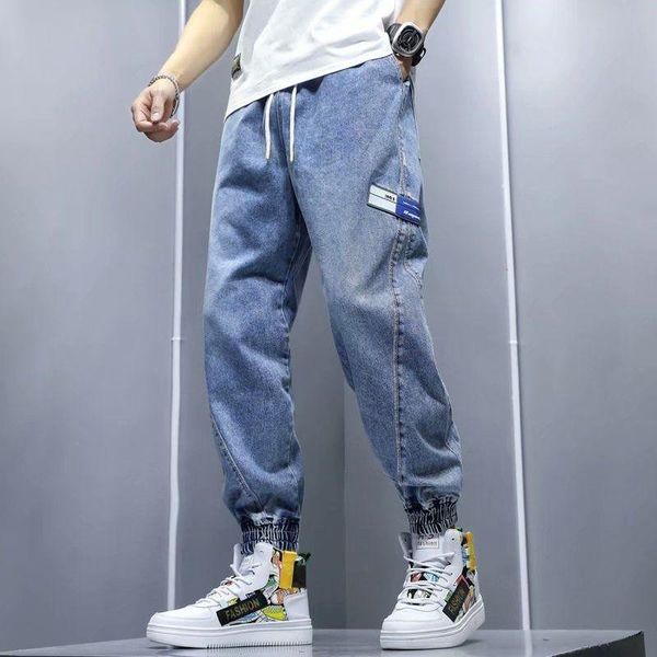 

pants jeans men's fashion casual elastic waist loose and versatile washed jeans korean new stitching harlan leggings pocket street, Black