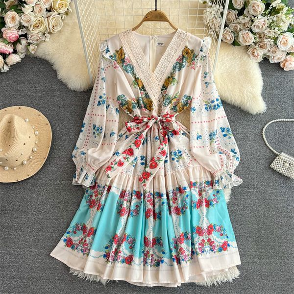

casual dresses spring new women lace hook flower stitching floral print dress with sashes slim v-neck long sleeve ladies white dresses vesti, Black;gray