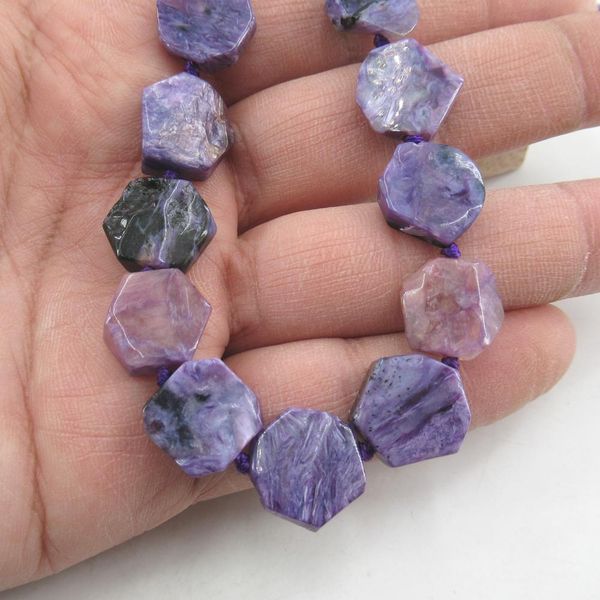 

crystal 14mm natural purple charoite hexagon flat slice coin beads
