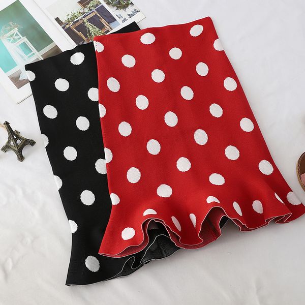 

stylish chic polka dot print ruched retro sweet knitted mini skirt za 2022 fashion women skirts casual streetwear jupe, Black