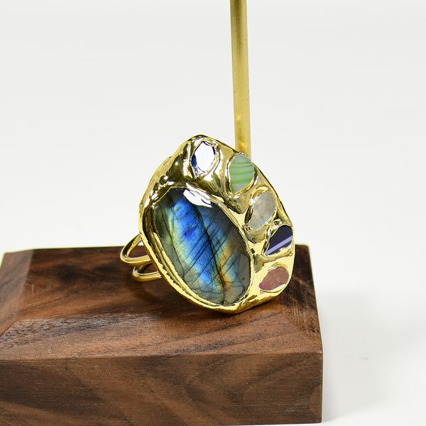 

natural labradorite gems multi color agate gold plated ring adjustable set handmade for girls, Golden;silver