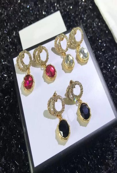 

women designers stud earrings with full diamond double letter gemstone pendant inlaid with colored crystal stone earring wedding p2029198, Golden;silver