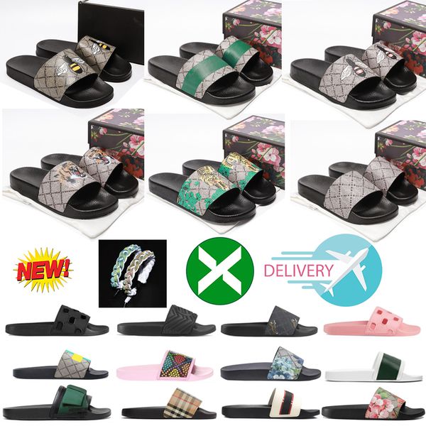 

luxury designer slippers for women mens slides floral brocade flats gear bottom tiger snaker ace bee flop flip scuffs casual fashion beach s, Black