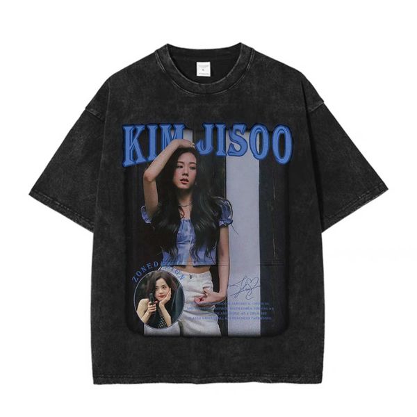 

new women's team jin zhixiu small neckline women's t-shirt pure cotton digital direct spray street vintage men's and women&#0, White;black