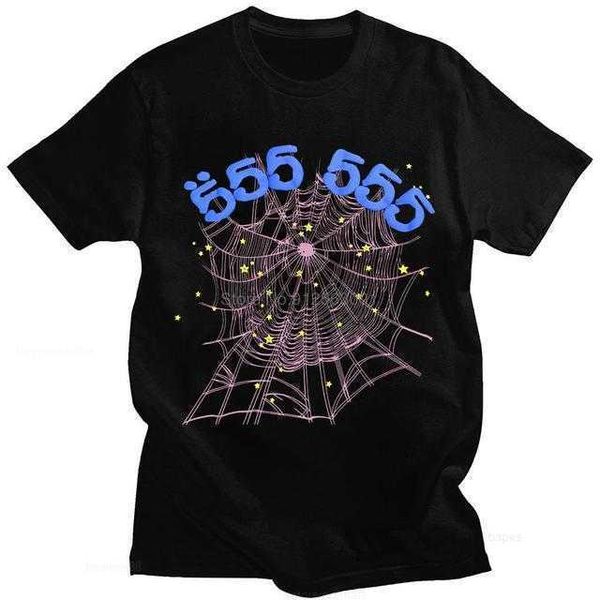 

men's hoodies sweatshirts vintage t shirt men spider web pattern printing sp5der 555555 angel number oversized hip hop women t-shirt te, Black