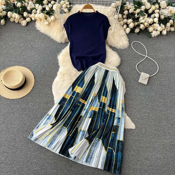 

two piece dress knitted pleated skirt women elegant ladies solid sweater long skirt 2 piece set outfits 2023, White