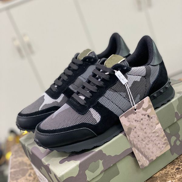 

casual shoes running shoes flat rivet leather lace-up casual rockrunner star boots female male camouflage suede mesh sneakers., Black