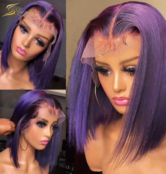 

colored purple human hair wigs for black women hd transparent lace front deep part short bob straight glueless pre plucked7971285, Black;brown
