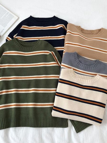 

sweaters vintage stripe sweaters women loose oversize korean style pullover autumn winter long sleeve knitted sweater femme 2020, White;black