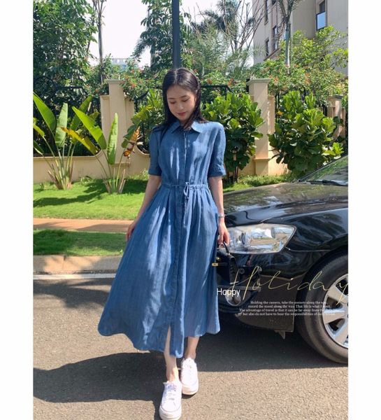 

basic & casual dresses: quality ultra soft denim dress with polo collar, short sleeves, a-line silhouette, daily casual style, blue, sizes, Black;gray