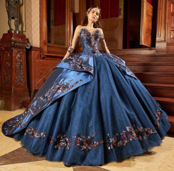

sparkly beaded ball gown quinceanera dresses sequined sheer bateau neckline long sleeves prom gowns with detachable train applique8505783, Blue;red